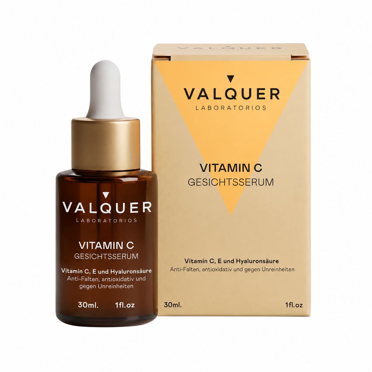 Valquer Vitamin C Gesichts-Serum 30ml in braunem Flakon mit Pipette und Umverpackung.