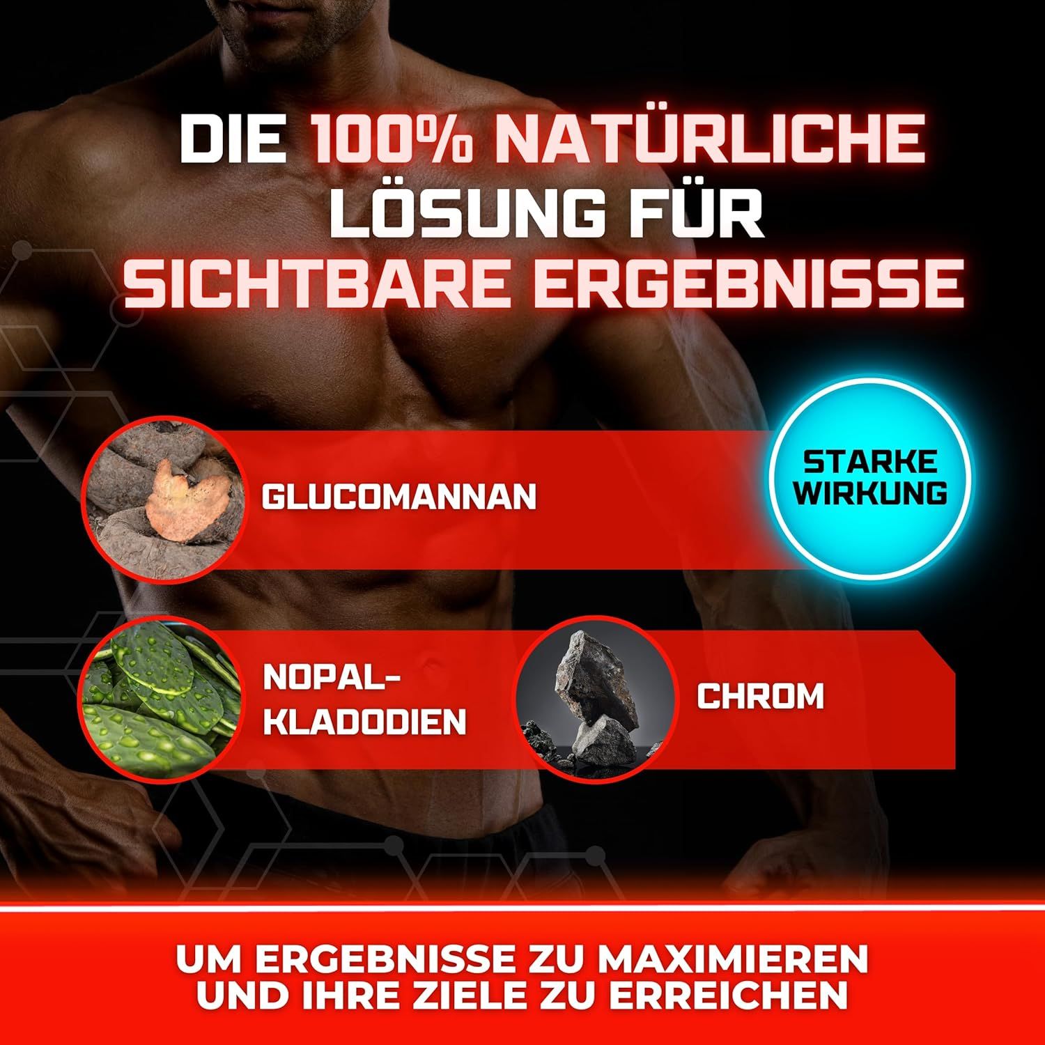 Inhaltsstoffe: Glucomannan, Nopal-Kladodien, Chrom. Mann mit trainiertem Körper. Blaue Kreise mit Text.