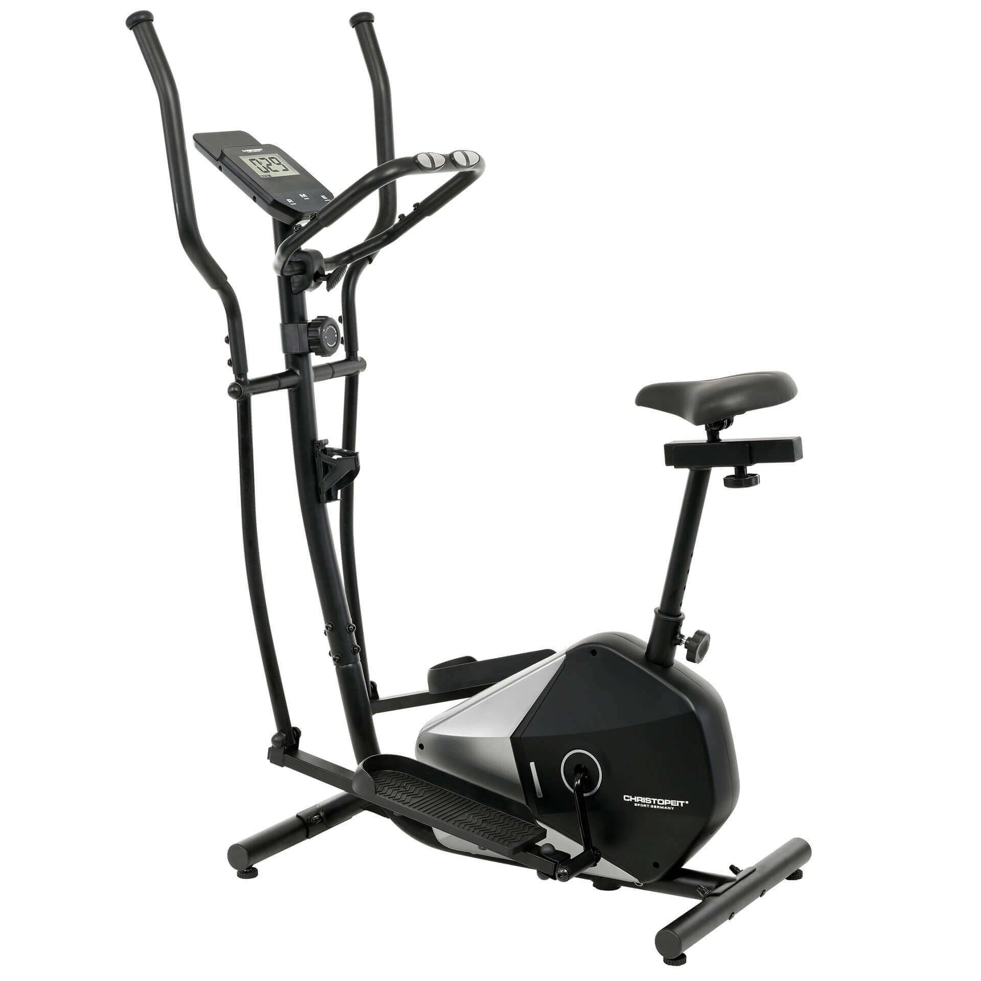Crosstrainer CT 6 Hybrid 2in1. Schwarzes und silbernes Fitnessgerät. Pedale, Griffe, Sitz und Display sichtbar.