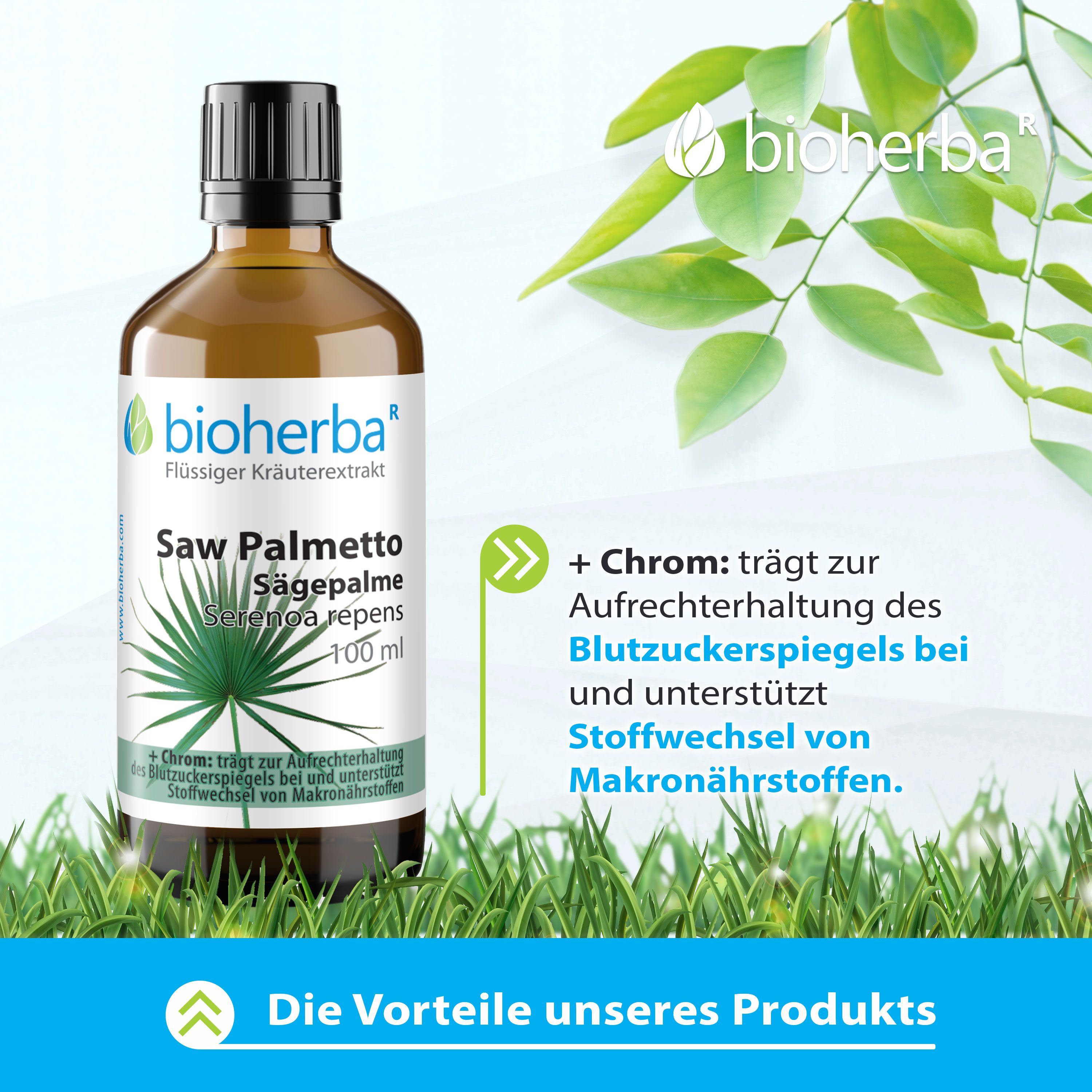 Braune Glasflasche mit Bioherba Saw Palmetto Tinktur. Grünpflanzen und Gras im Hintergrund. Text: Vorteile unseres Produkts.