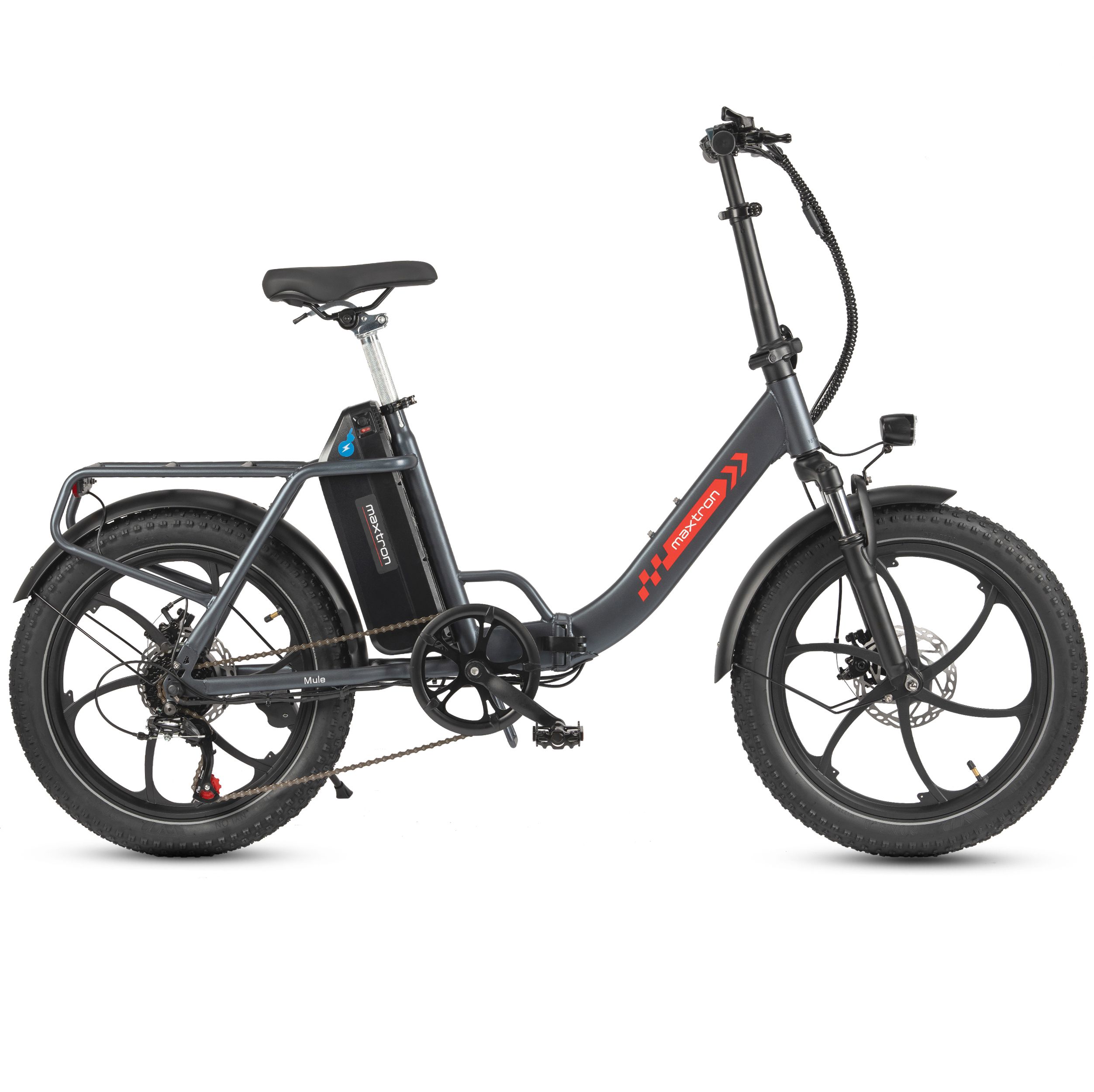 Graues Falt-Elektrofahrrad. Schwarze Reifen und Sattel. Akku und Gepäckträger. Maxtron Logo.