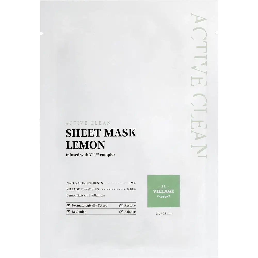 Weiße Tuchmaskenverpackung mit Text. Aufschrift: ACTIVE CLEAN SHEET MASK LEMON. Mit Inhaltsangaben und Logo.