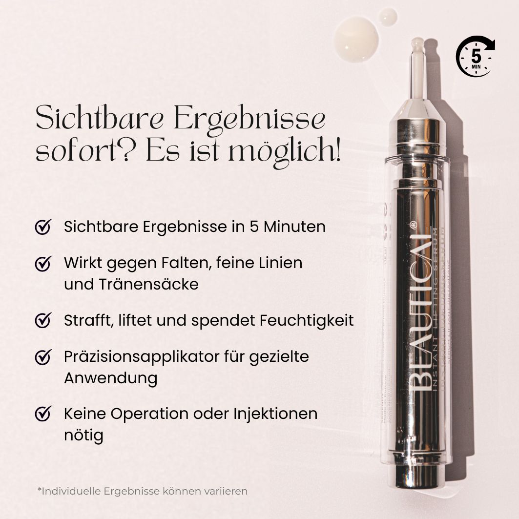 Serum-Flakon mit Text. Aufschrift: BEAUTICAL Instant Lifting Serum.