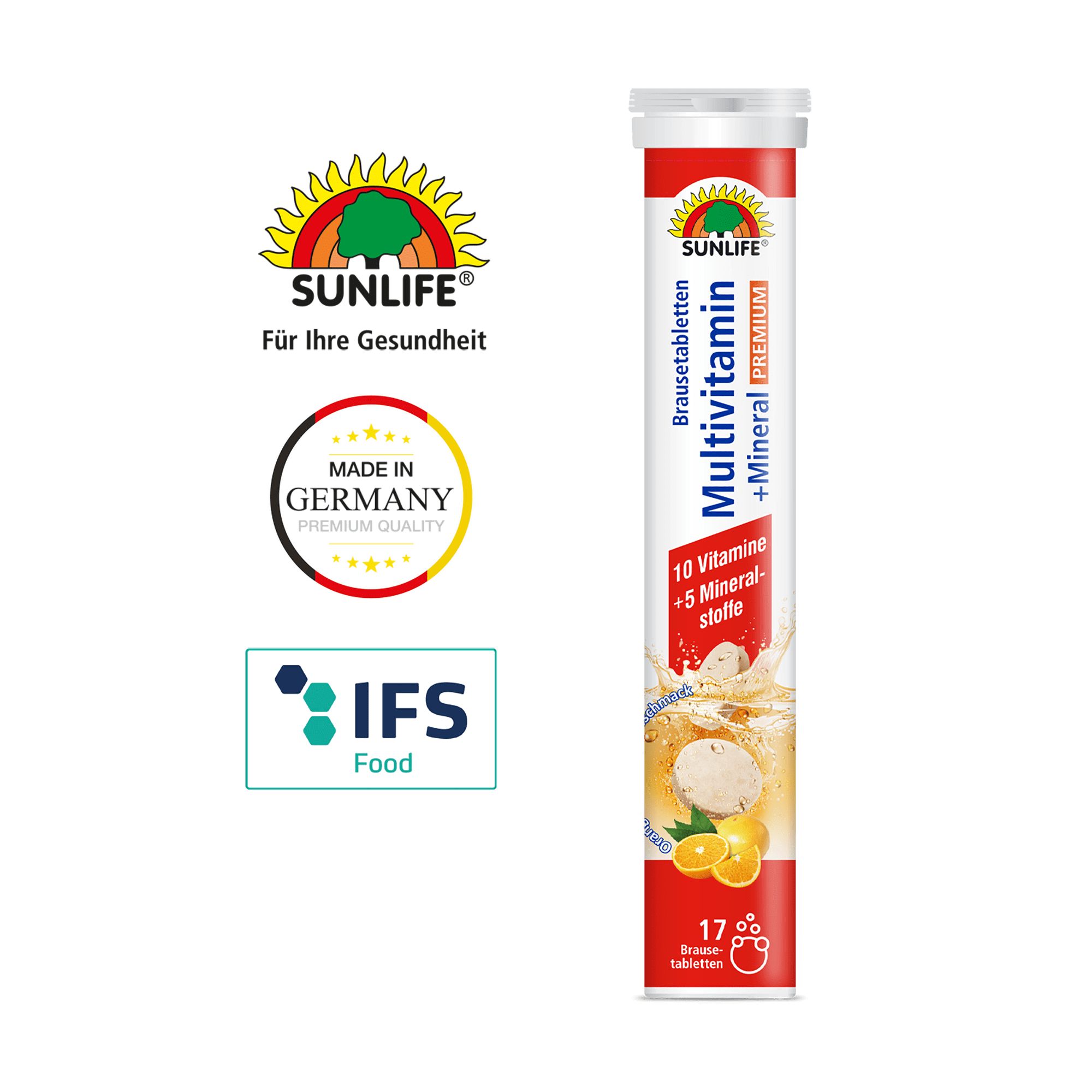 Brausetabletten-Tube mit SUNLIFE-Logo und Produktbezeichnung. Enthält 17 Tabletten. Zusätzliche Logos: Made in Germany, IFS Food.