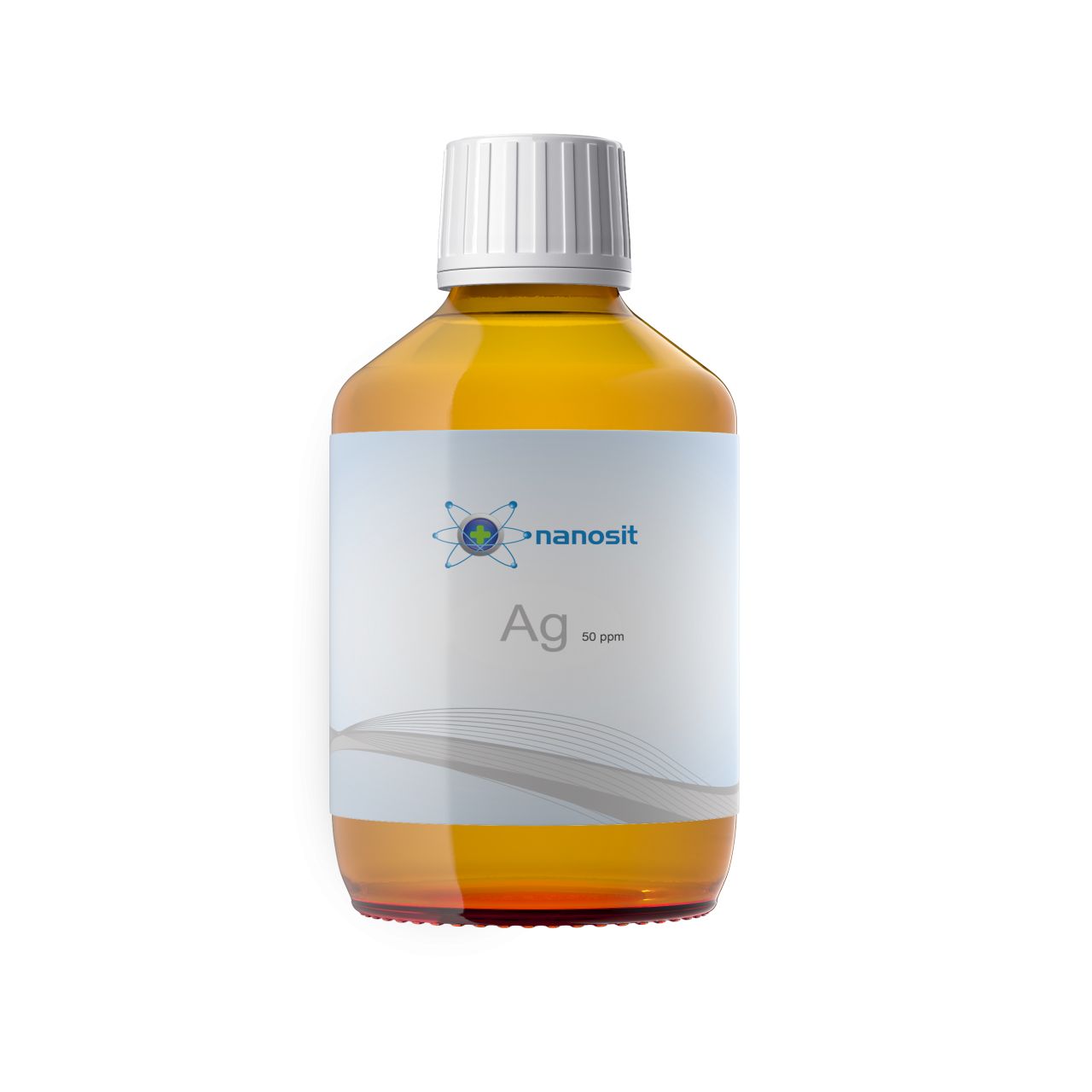 Braune Glasflasche mit weißem Deckel. Etikett mit Logo und Schriftzug Ag 50 ppm. Produktname: nanosit.