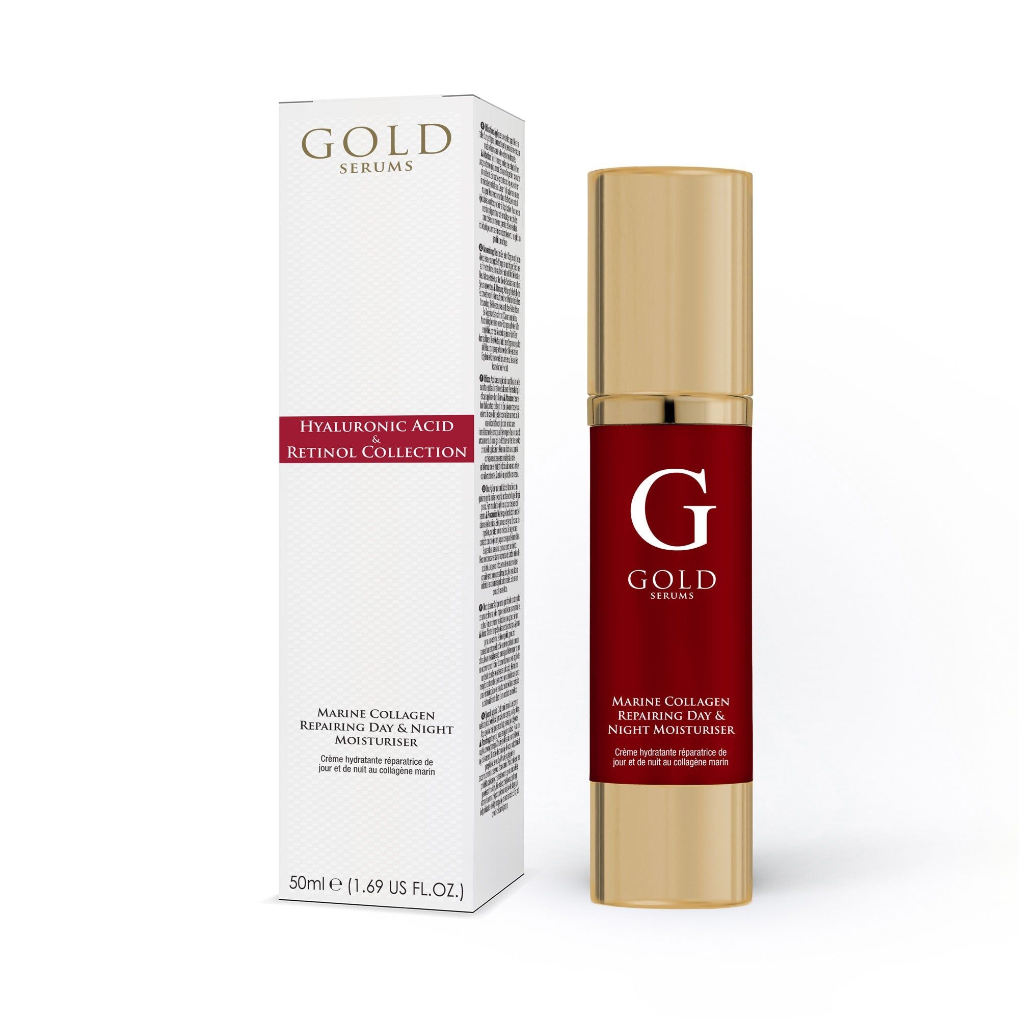 Gold Serums Marine Kollagen Tages- und Nachtfeuchtigkeitspflege. Rote und goldene Flasche und Schachtel. Text: Hyaluronsäure, Retinol.