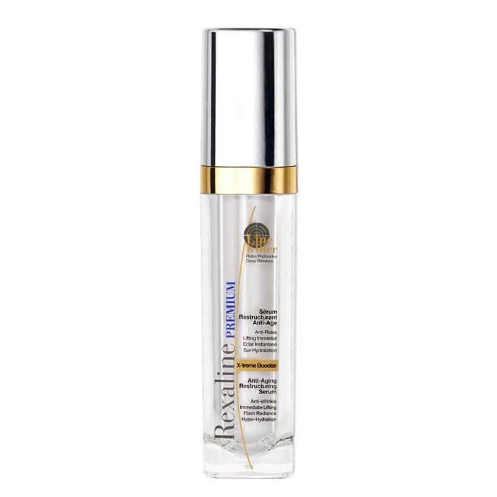 Transparente Serumflasche mit silberner Kappe und goldfarbenem Ring. Aufschrift: Rexaline Premium.