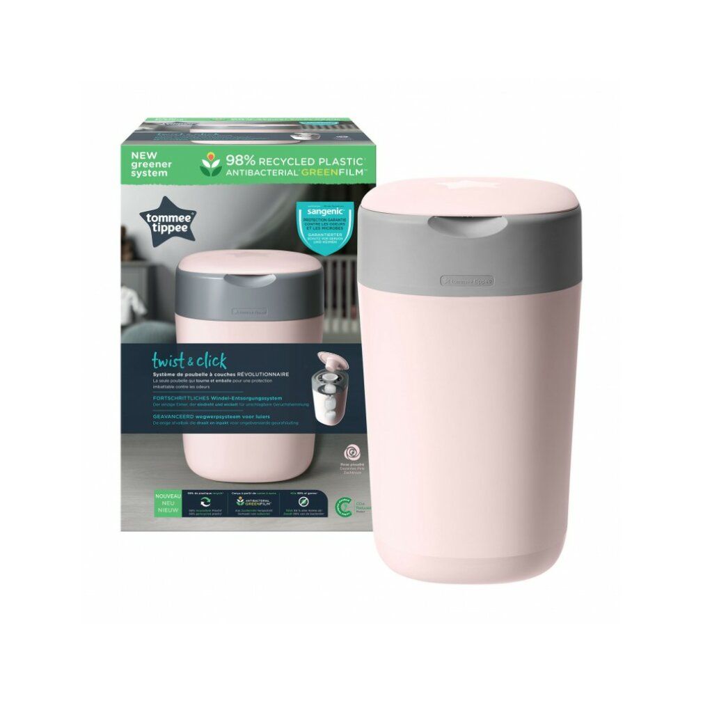 Windeleimer rosa mit grauem Deckel, in Verpackung. Verpackung mit Produktabbildung und Text. 98% recyceltes Plastik.