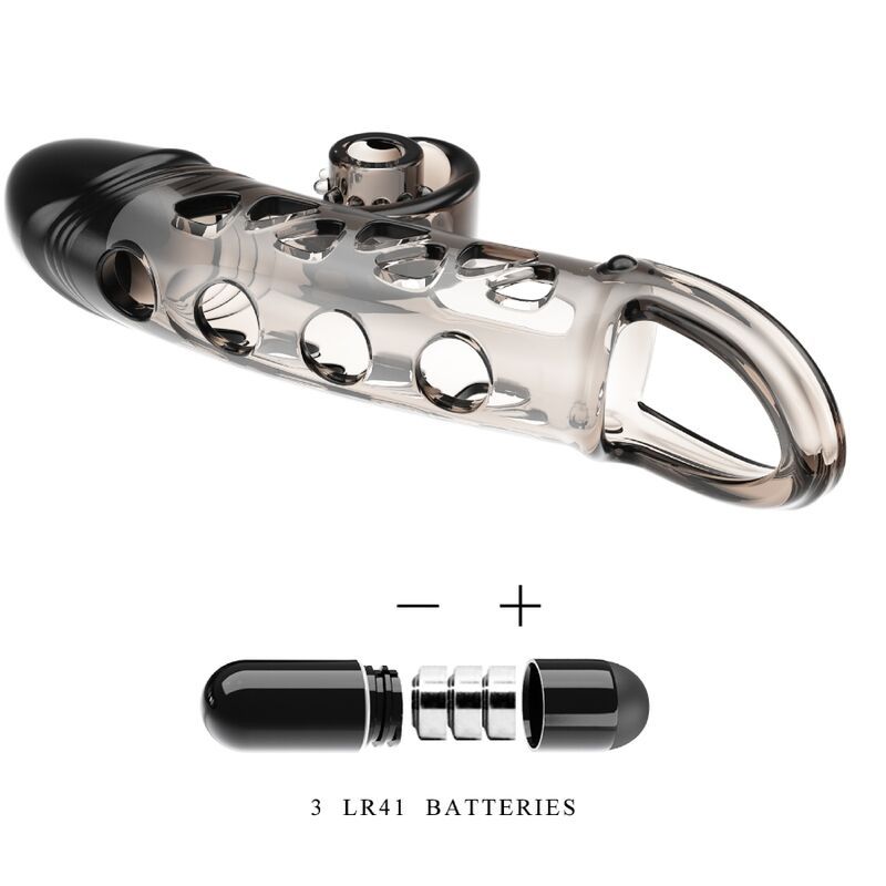 Penishülle mit Vibrationsfunktion, transparent mit schwarzen Elementen. Mit Ring und Öffnungen. Batterien daneben.