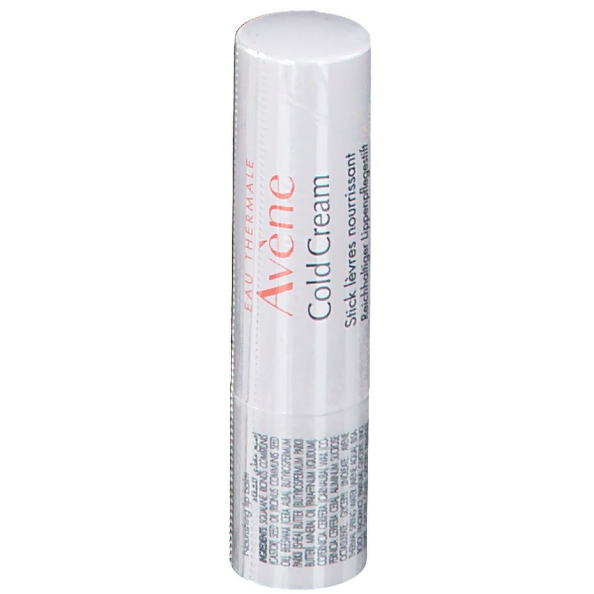 Weißer Lippenpflegestift mit orangefarbener Schrift. Text: Avène Cold Cream Reichhaltiger Lippenpflegestift.