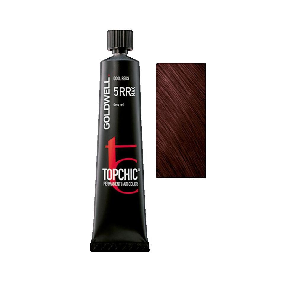 Goldwell Topchic 5RR Tiefrot Haarfärbemittel. Schwarze Tube, Farbprobe rechts. Text: Cool Reds, 5RR, Deep Red.