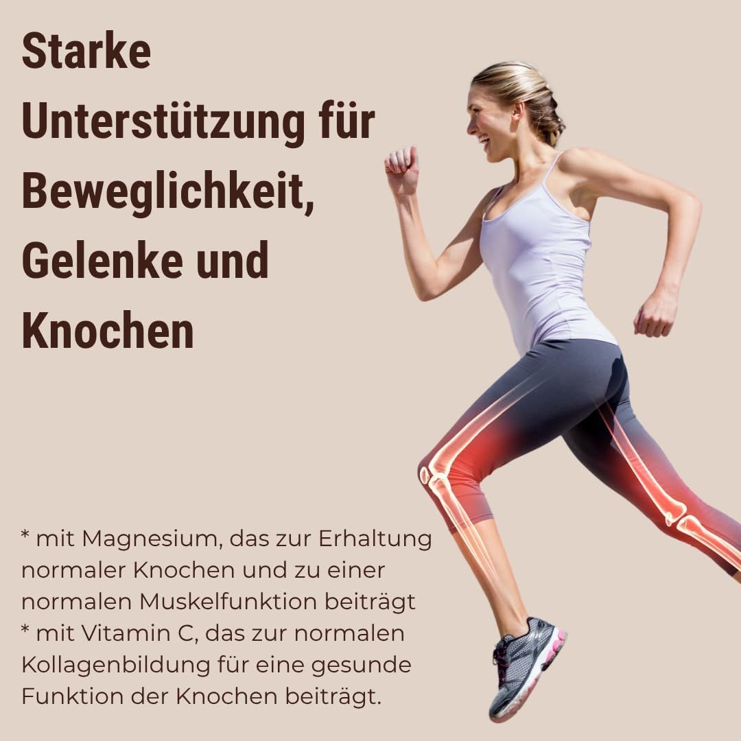 Läuferin. Text: Starke Unterstützung für Beweglichkeit, Gelenke und Knochen. Knochen rot markiert.