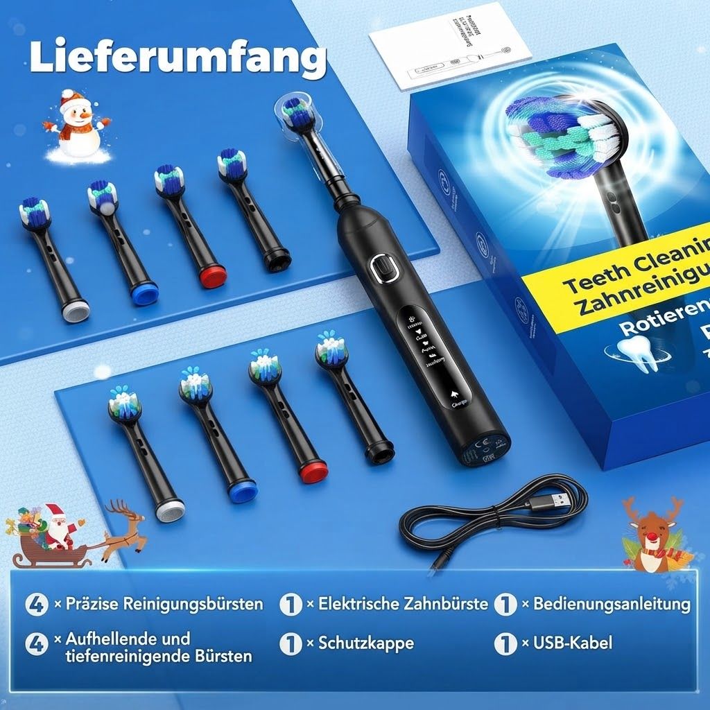 Lieferumfang einer elektrischen Zahnbürste: Bürste, 4x Standardbürsten, 4x Tiefenreinigung, USB-Kabel, Anleitung.