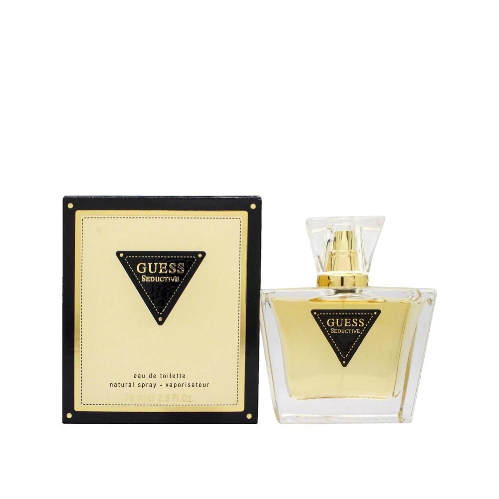 Parfümflakon und -verpackung. Flakon aus Glas, quadratisch, mit goldfarbenem Verschluss. Schwarze Verpackung mit goldenem Hintergrund und Logo.