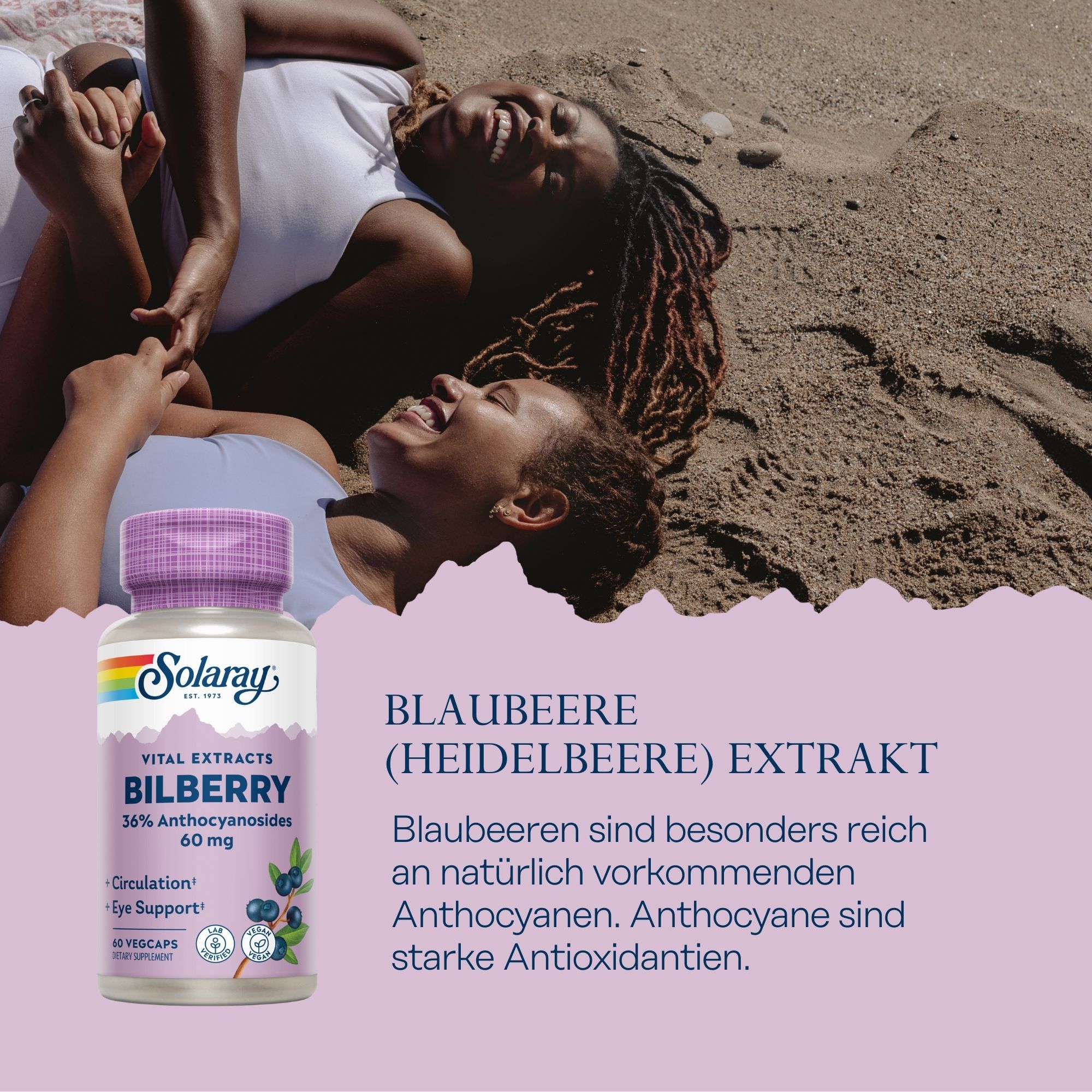 Solaray Blaubeere Extrakt-Flasche. Text: Blaubeere Extrakt, 36% Anthocyane, 60 mg. Abbildung von Blaubeeren.