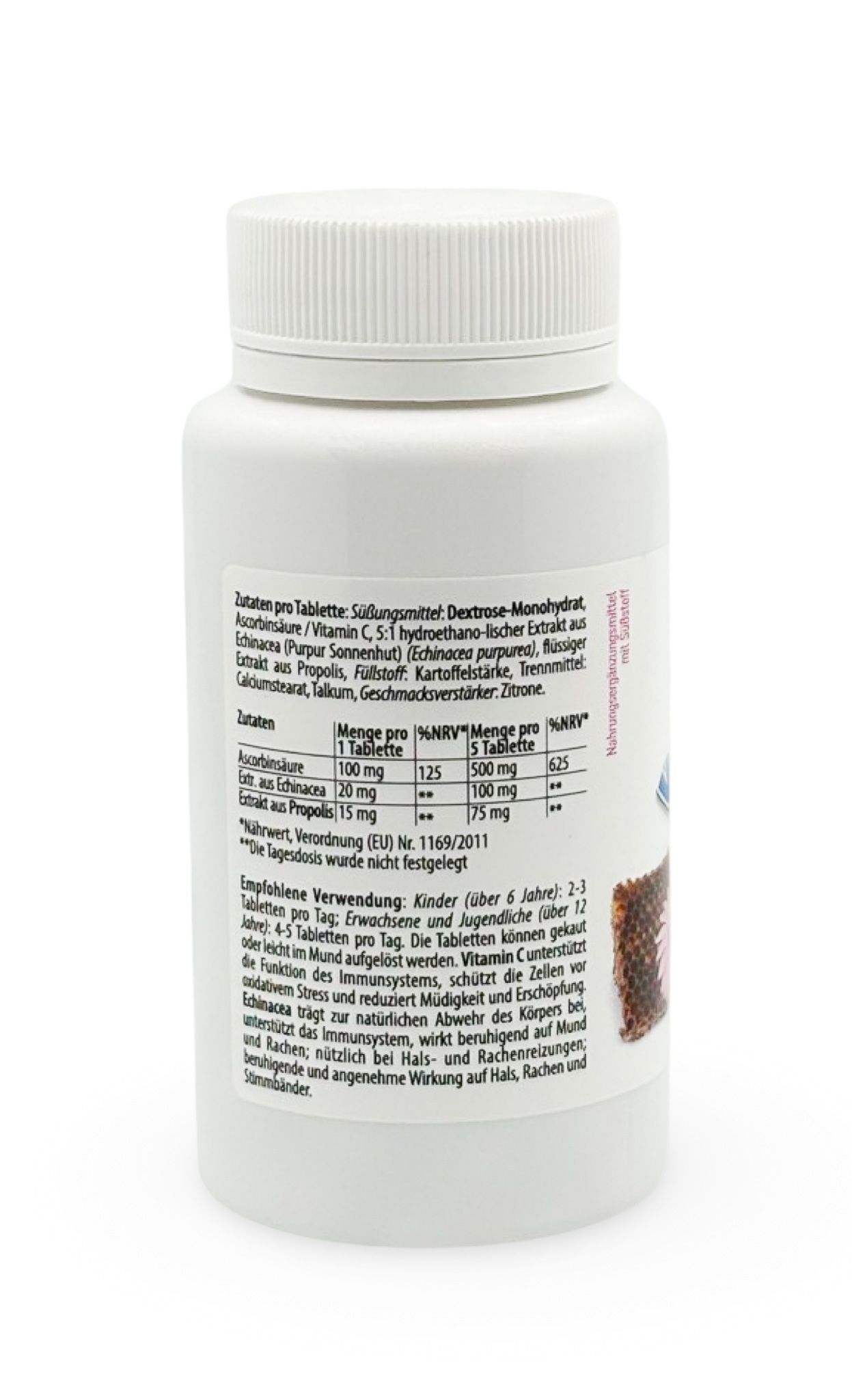 Rückseite der weißen Flasche. Text mit Inhaltsstoffen und Nährwertangaben. 5 Tabletten pro Tag. Text in deutscher Sprache.