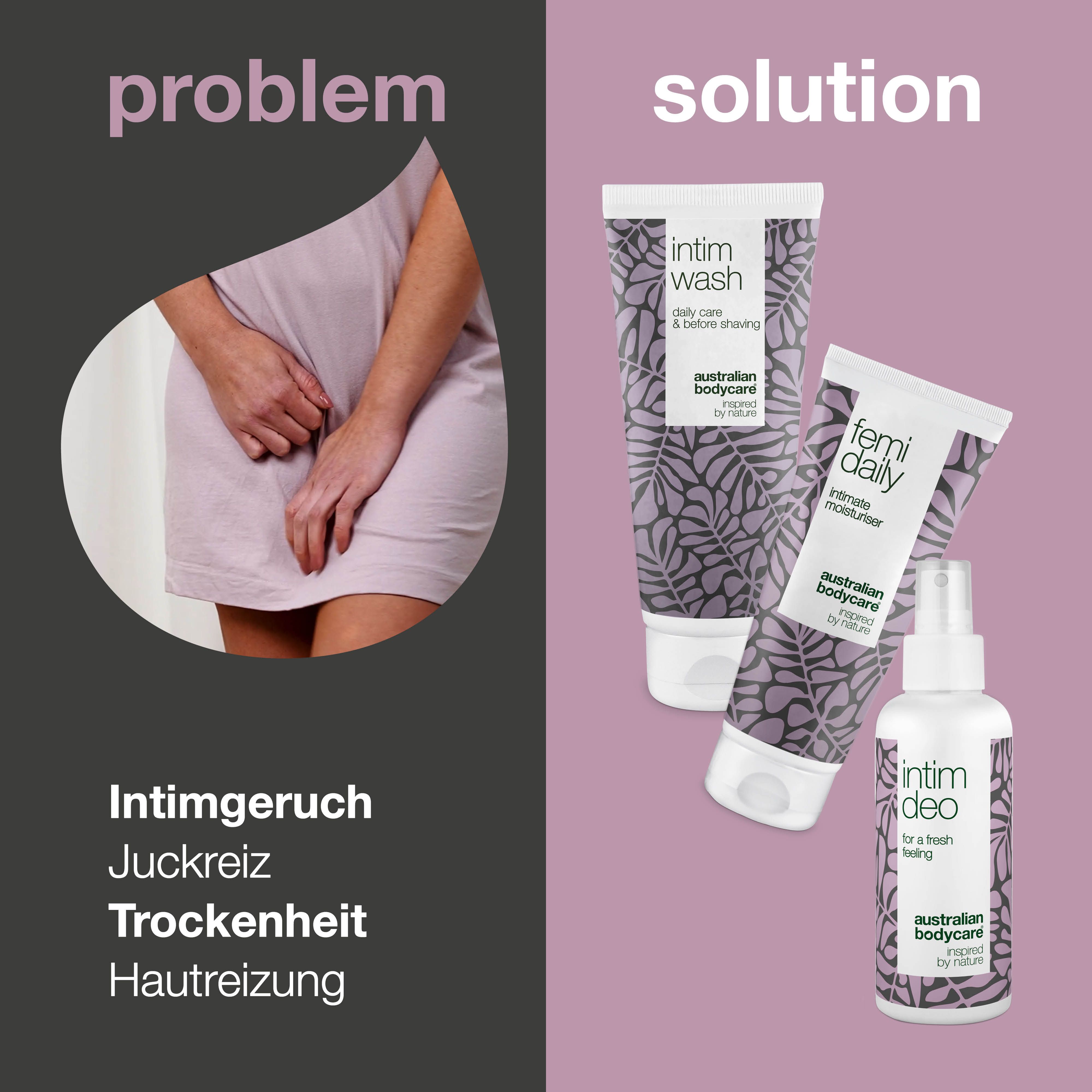 Bild zeigt Problem und Lösung. Links: Frau. Rechts: Intim Wash, Femi Daily, Intim Deo.
