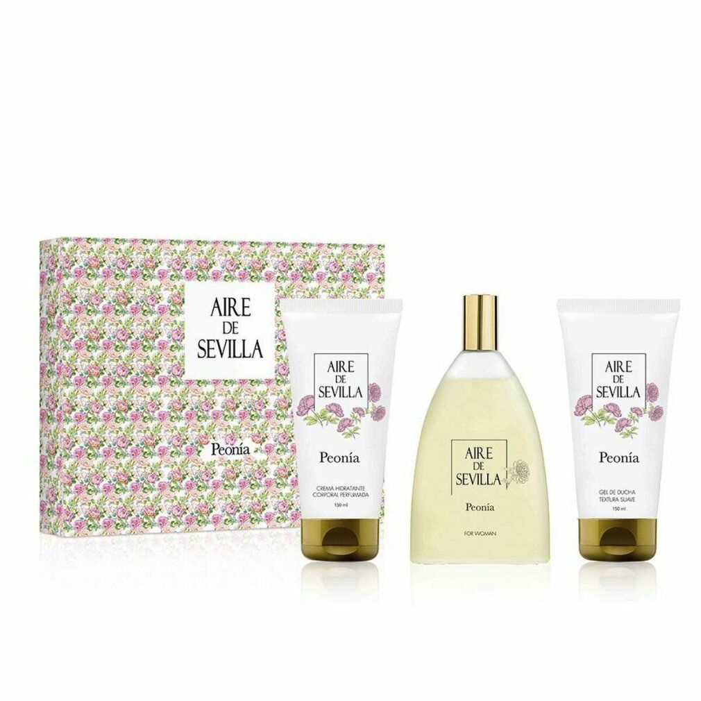 Set mit Karton, Flakon und zwei Tuben. Aufschrift: Aire de Sevilla Peonia. Florales Muster.