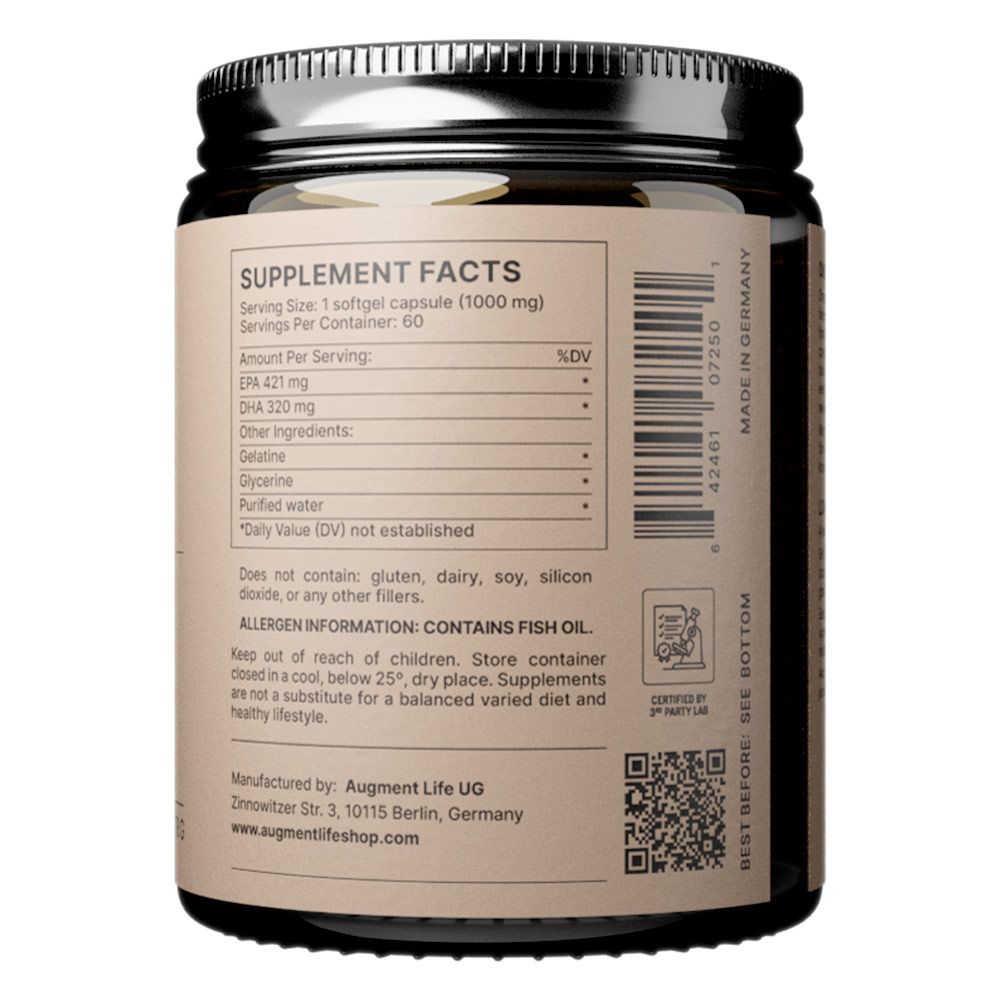 Nahrungsergänzungsmittellabel mit Nährwertangaben, Inhaltsstoffen und Herstellerinformationen. Enthält Fischöl.
