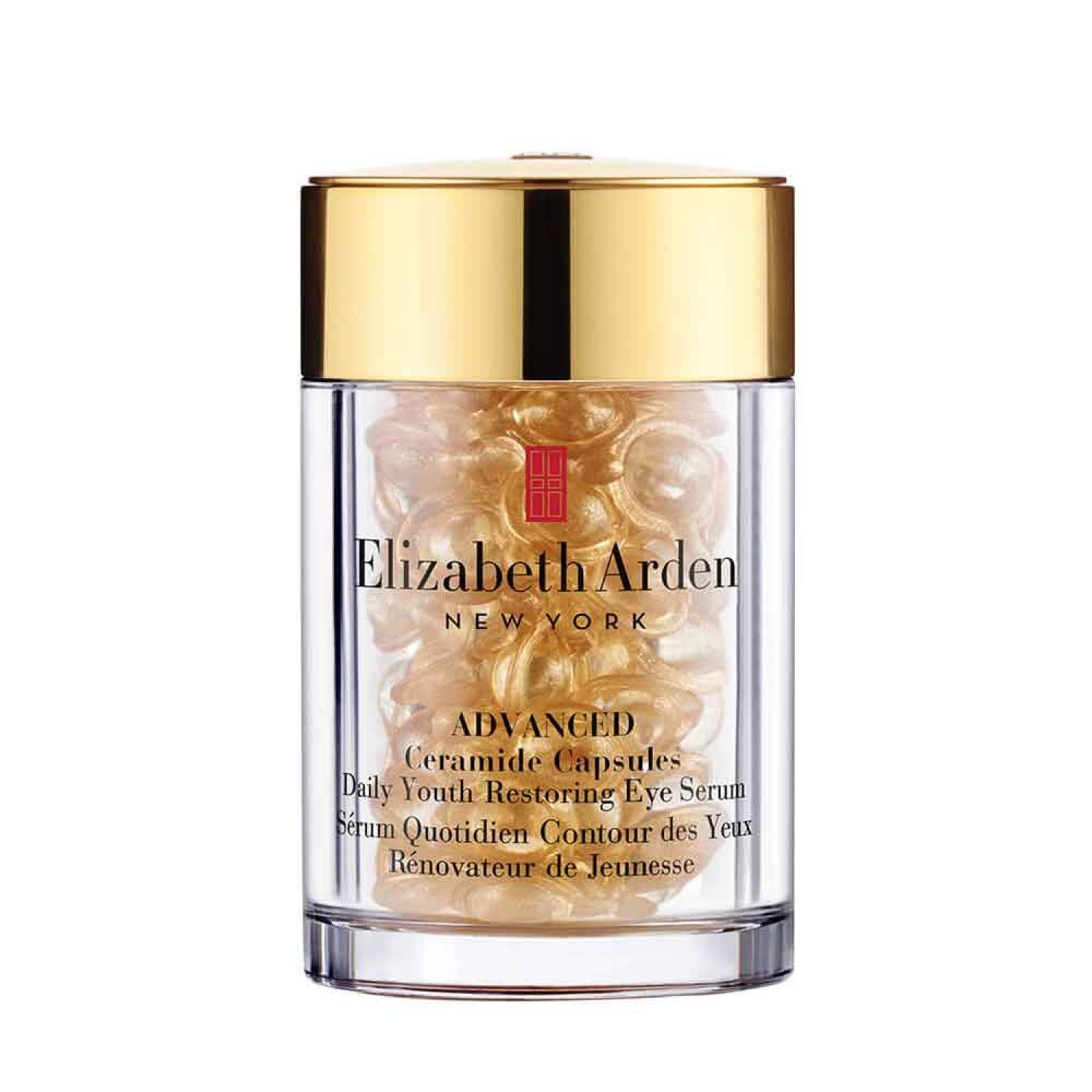 Kapseln in einem transparenten Behälter. Goldfarbener Deckel. Elizabeth Arden-Logo und Produktname sichtbar.
