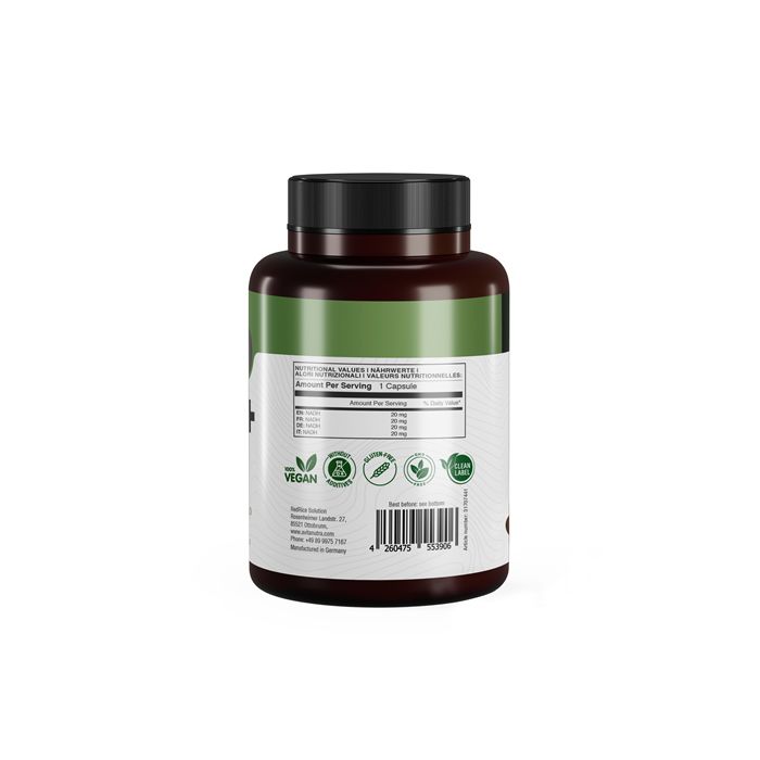 Rückseite der AvitaNutra® NADH+ Flasche. Zeigt Nährwertangaben, Siegel (Vegan, Bio) und Barcode.