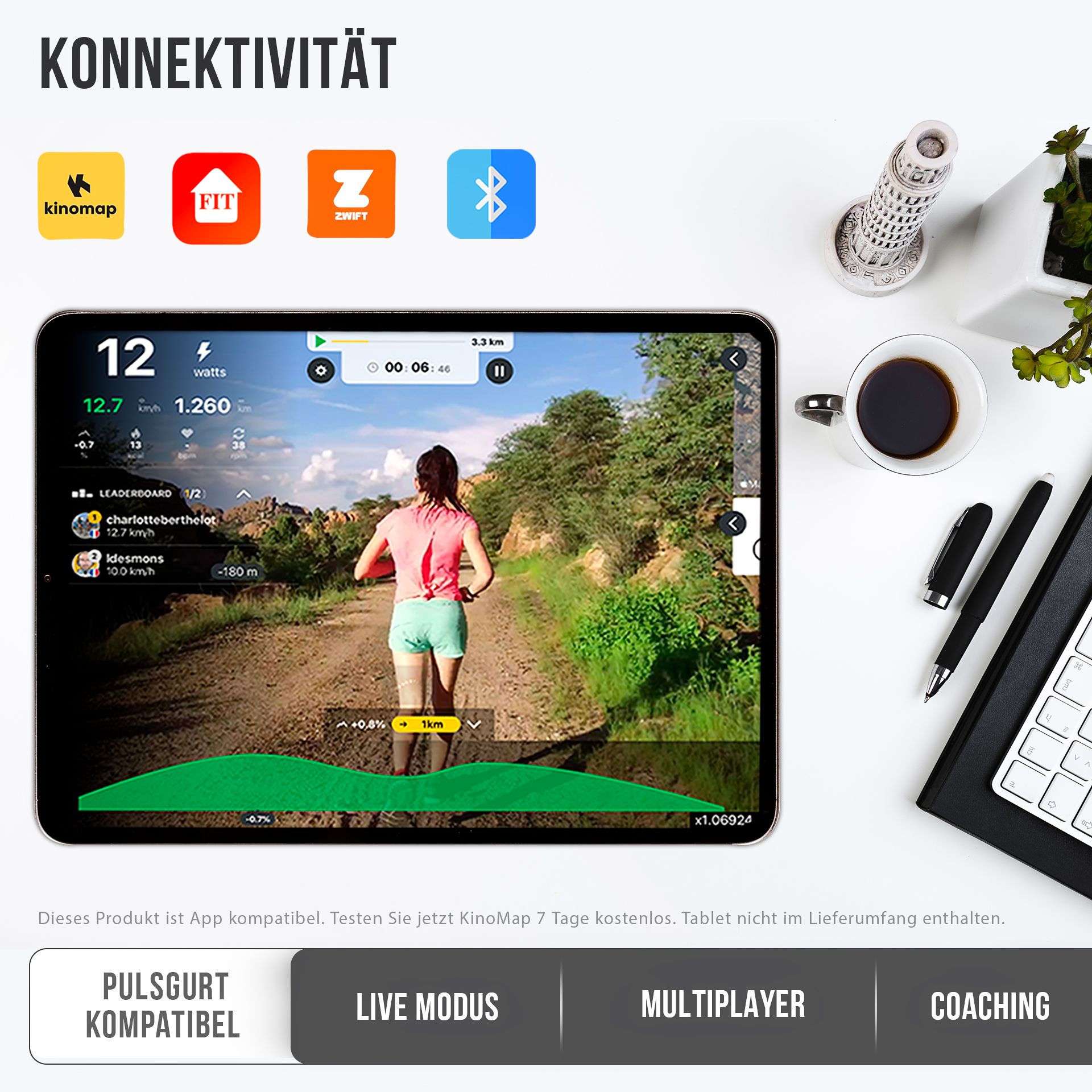 Tablet mit App-Oberfläche. Zeigt eine Laufstrecke. Konnektivität: Kinomap, Fit, Zwift, Bluetooth. Zubehör: Tasse, Stift.