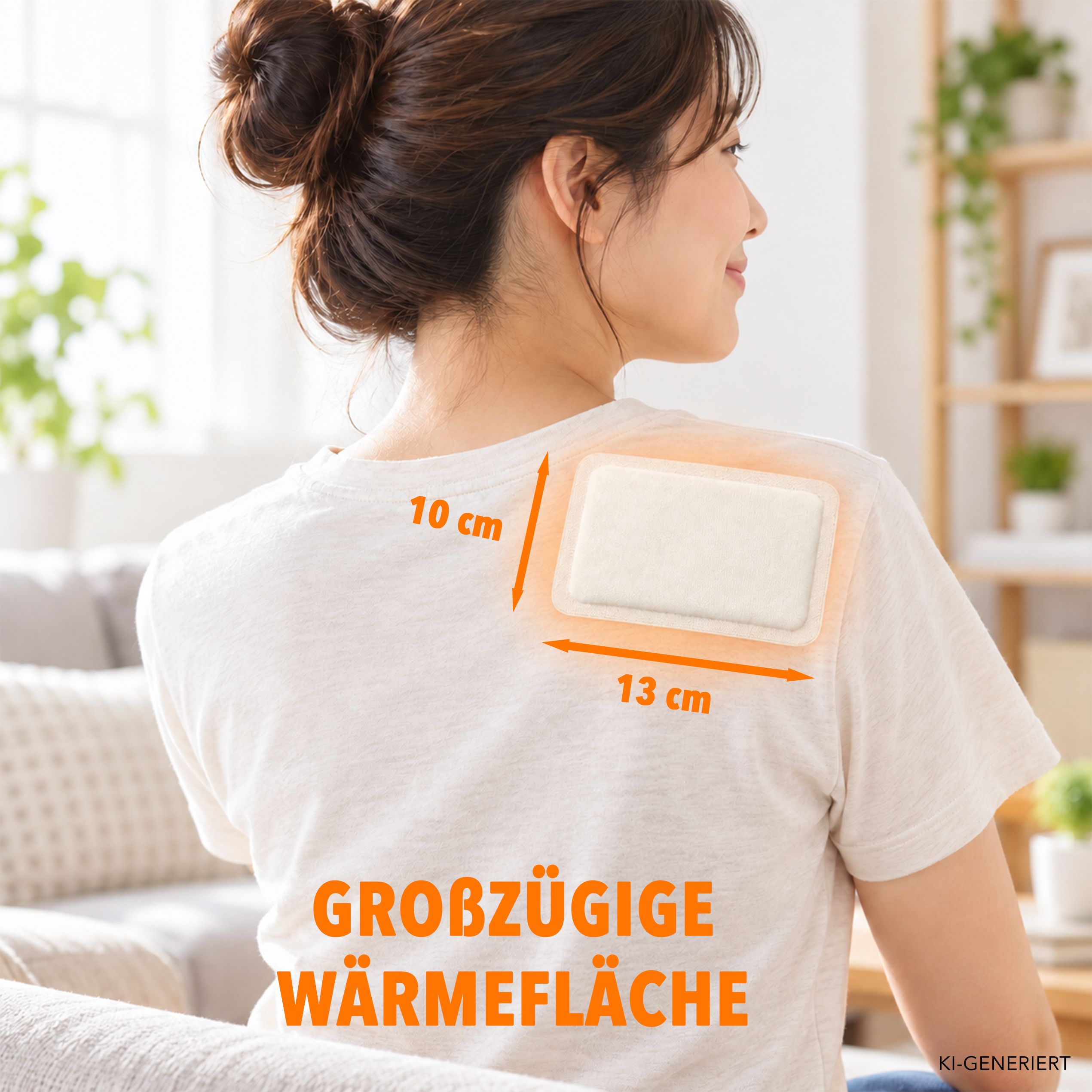 Frau mit einem Wärmepflaster auf der Schulter. Pfeile zeigen die Maße 10 cm und 13 cm an.
