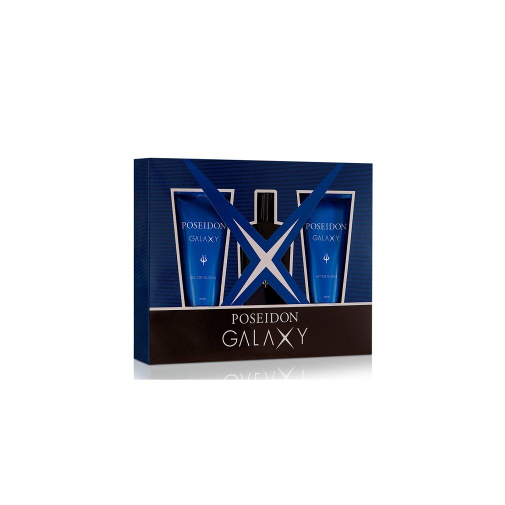 Geschenkbox Poseidon Galaxy. Enthält After Shave und Duschgel. Blaue Verpackung mit Produktnamen und Logo.