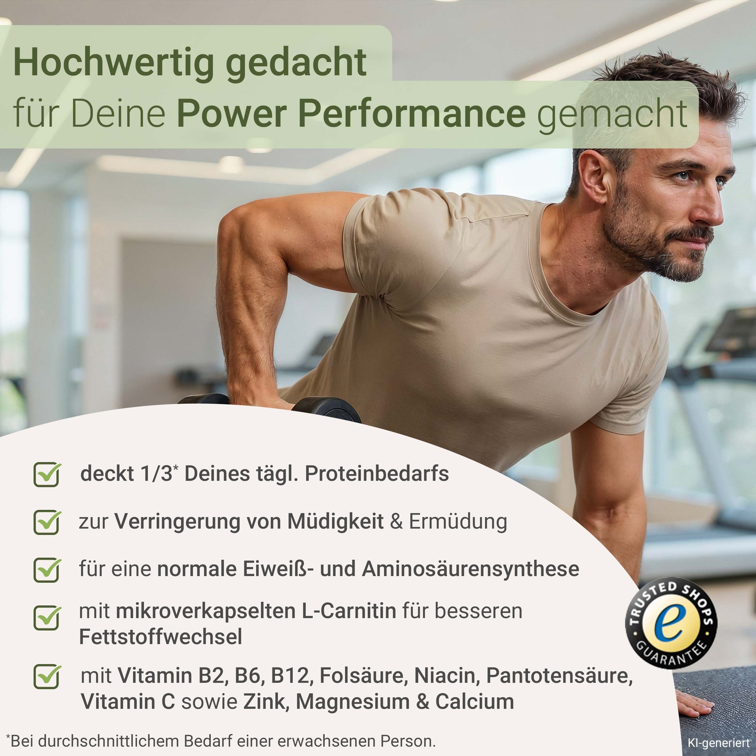 Mann hebt Hanteln im Fitnessstudio, mit Text über Proteinbedarf und Inhaltsstoffen.