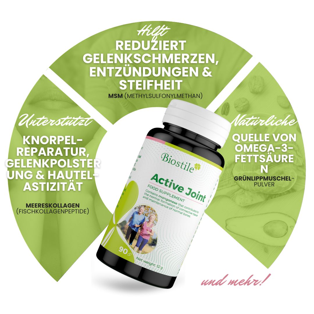 Biostile Aktives Gelenk Dose mit Vorteilen: Schmerzlinderung, Knorpelreparatur, Omega-3.