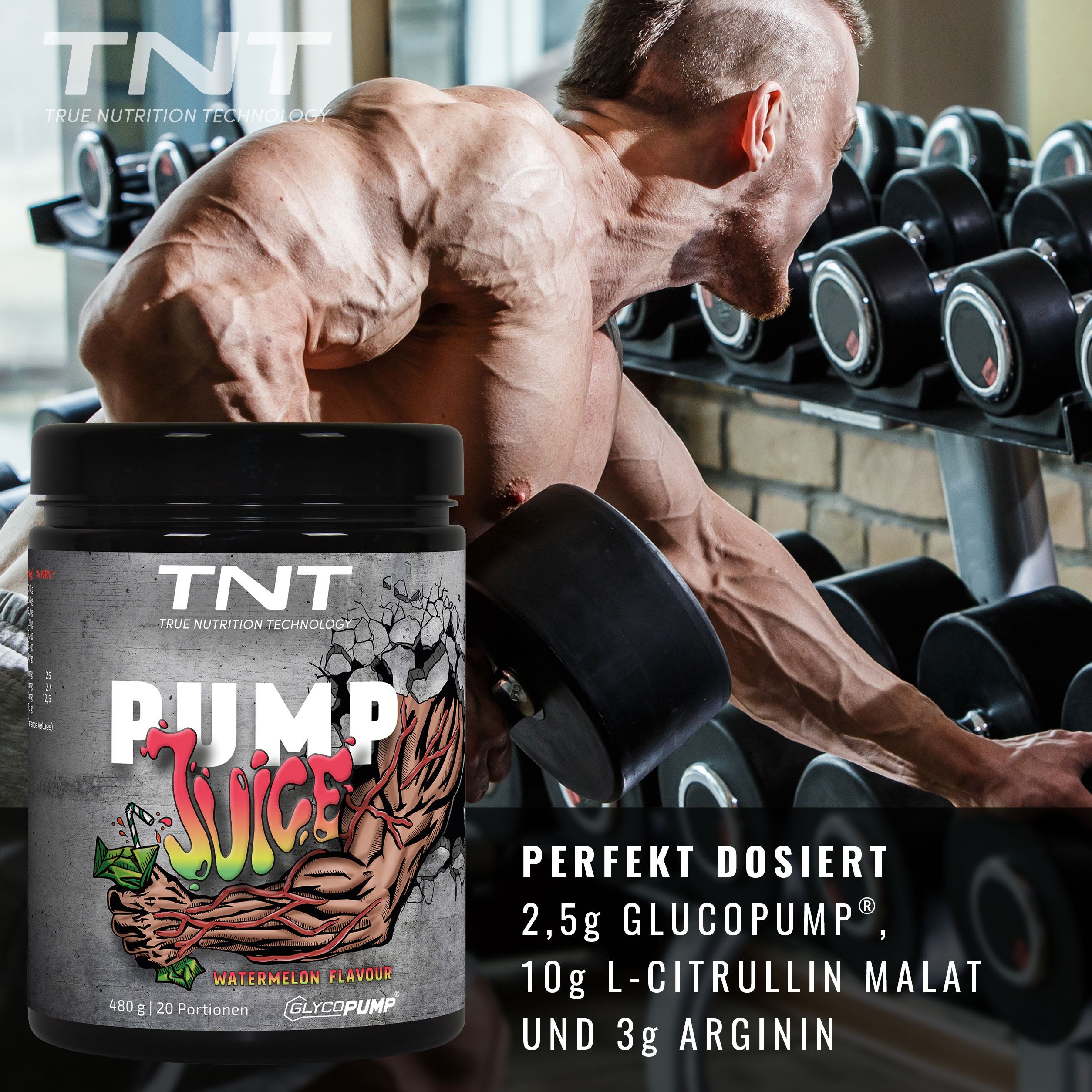 Mann trainiert mit Gewichten, TNT Pump Juice Dose im Vordergrund. Text: Perfekt dosiert, 2,5g Glucopump, 10g L-Citrullin Malat und 3g Arginin.