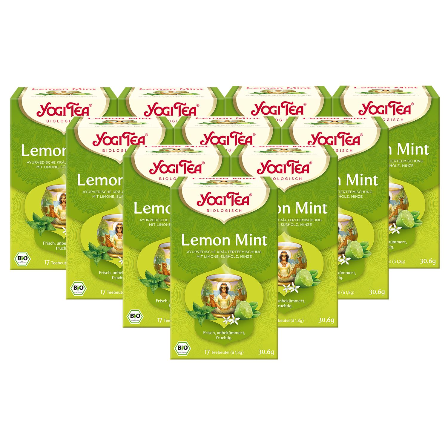 Mehrere grüne Schachteln Yogi Tea Lemon Mint. Aufdruck: Yogi Tea, Lemon Mint, Bio, 17 Teebeutel, 10.6g.