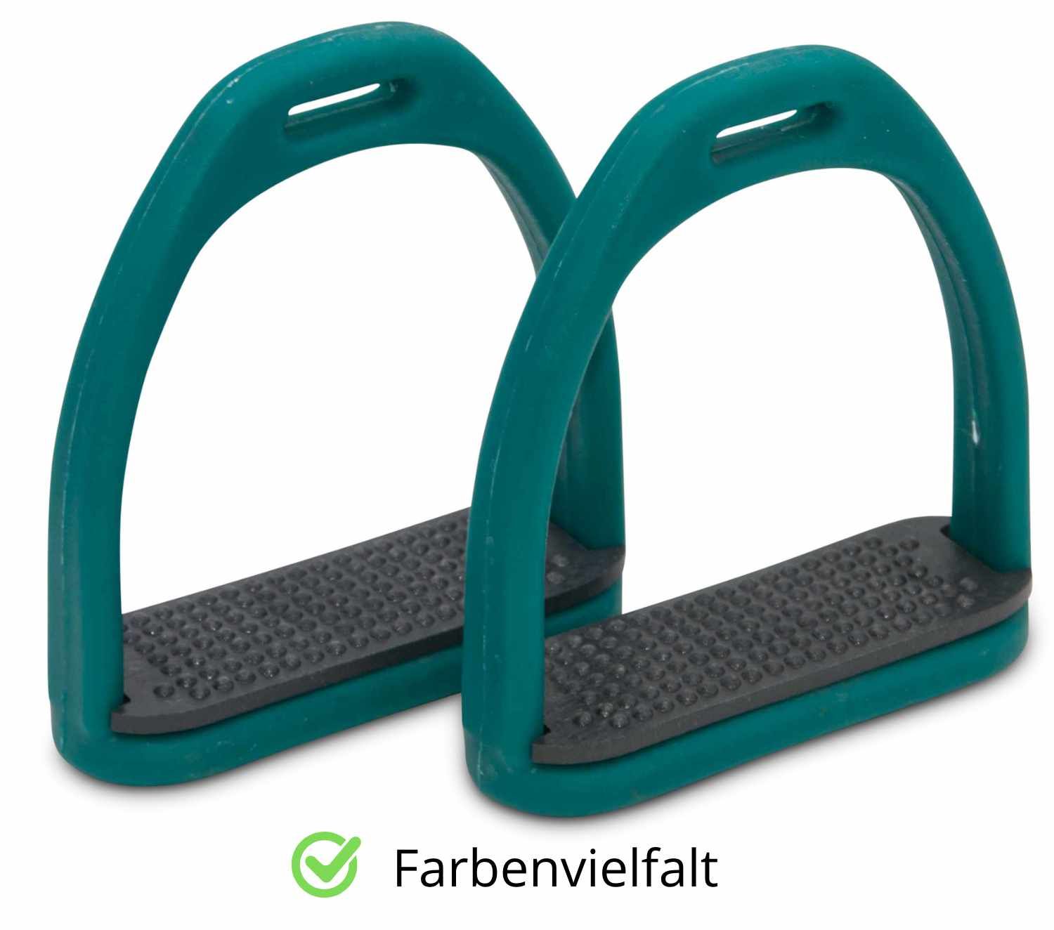 Zwei grüne Steigbügel. Rechteckige Trittfläche mit gerundetem Bügel. Text: Farbenvielfalt.
