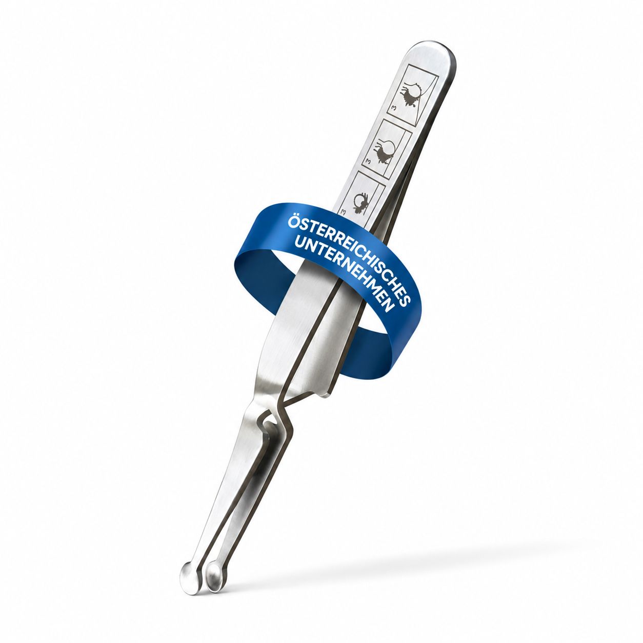 Zeckenzange mit blauem Band. Text: Österreichisches Unternehmen.