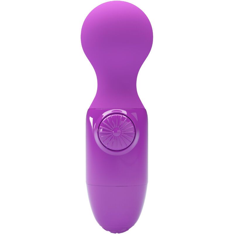 Lila Massagegerät mit kugelförmigem Kopf und gerilltem Knopf.