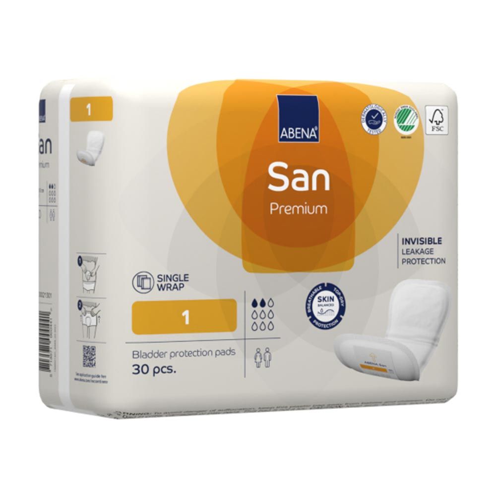 Verpackung ABENA San Premium Einlagen. Weiß, gelb und blau. Produktname, Zertifizierungen und eine Einlage.