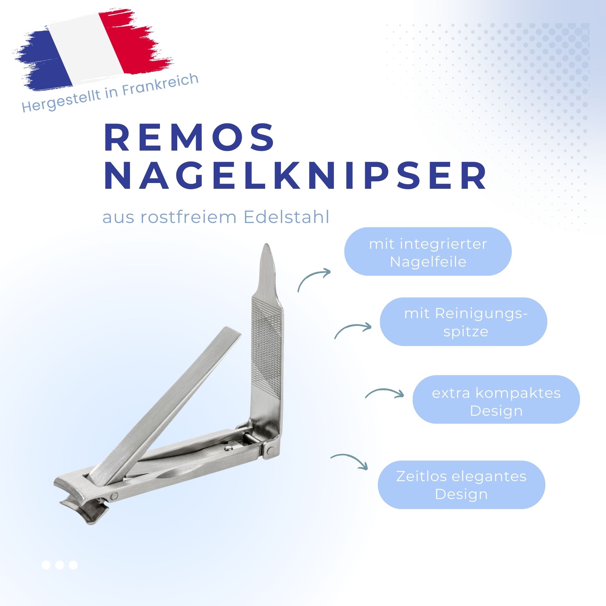 REMOS Nagelknipser aus rostfreiem Edelstahl mit integrierter Nagelfeile und Reinigungsspitze.