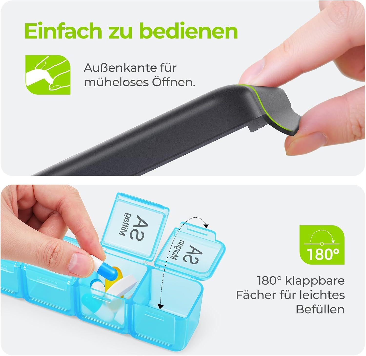 Kompakter Pillen-Organizer für Tagesausflüge und Reisen.