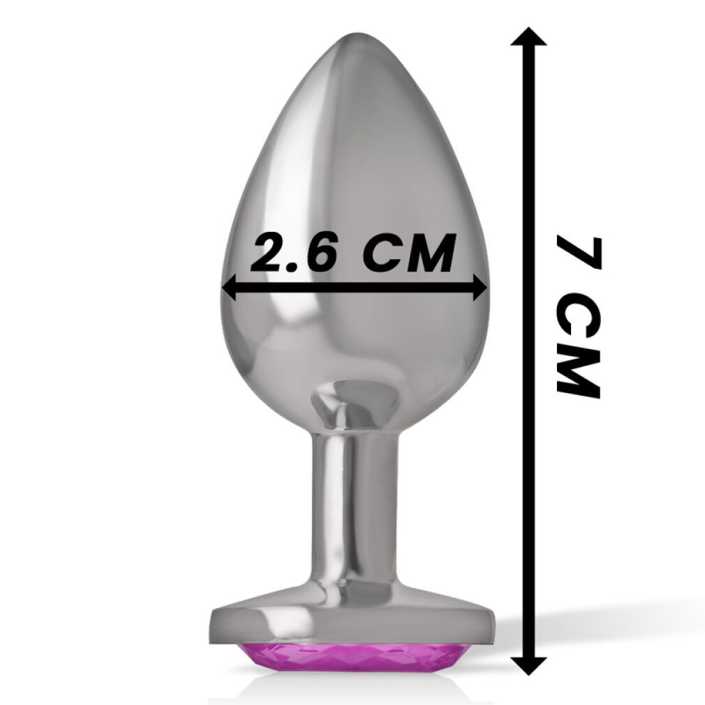 Analplug aus Metall. Tropfenförmiger Schaft, pinkfarbene Basis. Maße: 7 cm lang, 2,6 cm breit.