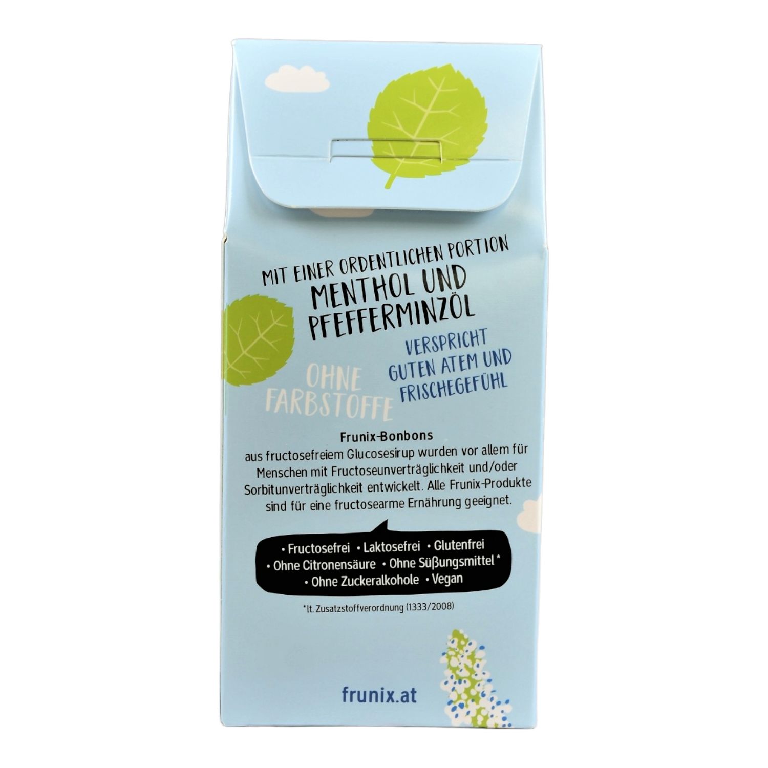 Rückseite der hellblauen Schachtel mit Frunix Bonbons. Aufschrift: MENTHOL UND PFEFFERMINZOL, ohne Farbstoffe. Angaben zu Fructose, Laktose, Gluten, etc.
