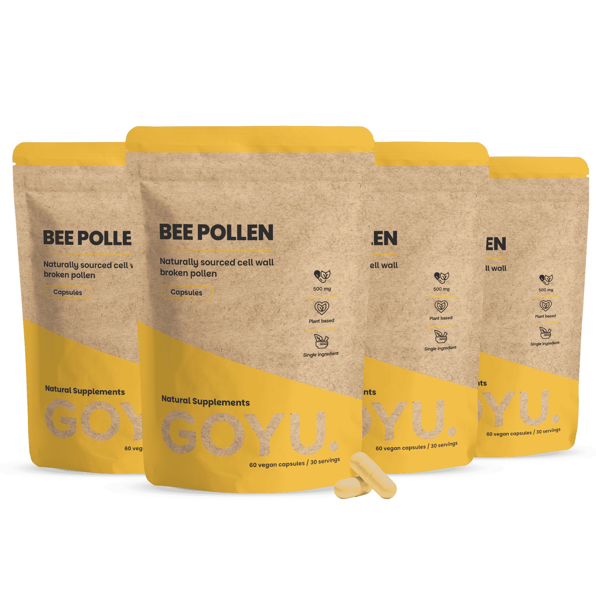 Vier Packungen GOYU Bienenpollen-Kapseln, natürlich gewonnen, Zellwand aufgebrochen, vegan.