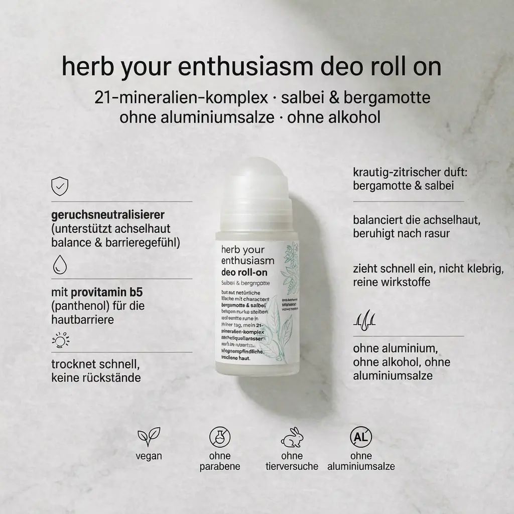 Deo Roll-on mit Aufschrift 'herb your enthusiasm'. Enthält 21-Mineralien-Komplex, Salbei & Bergamotte. Ohne Aluminiumsalze und Alkohol.