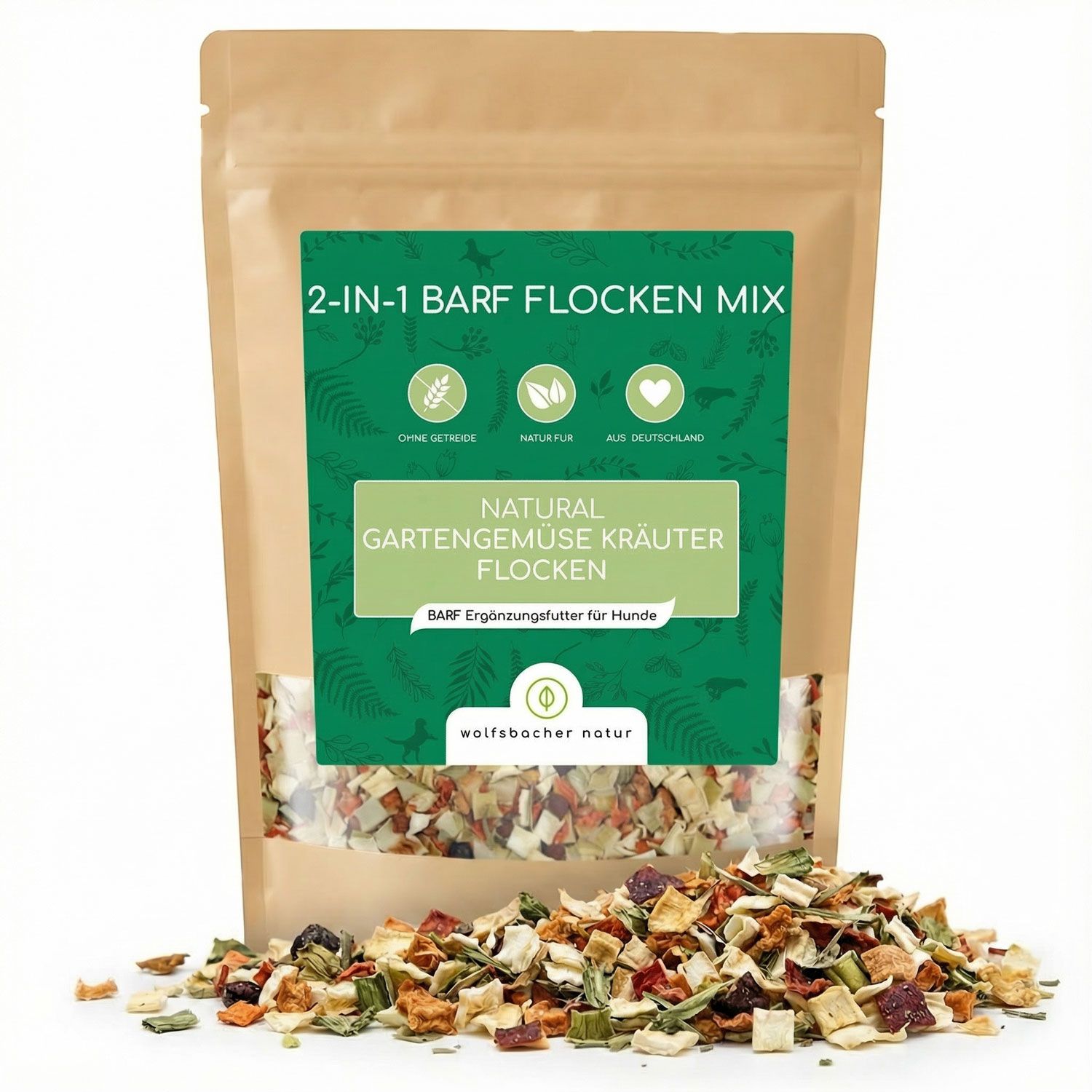 Beutel mit Flocken. Text: 2-in-1 BARF Flocken Mix, Natural Gartengemüse Kräuter Flocken. Logo: Wolfsbacher Natur.