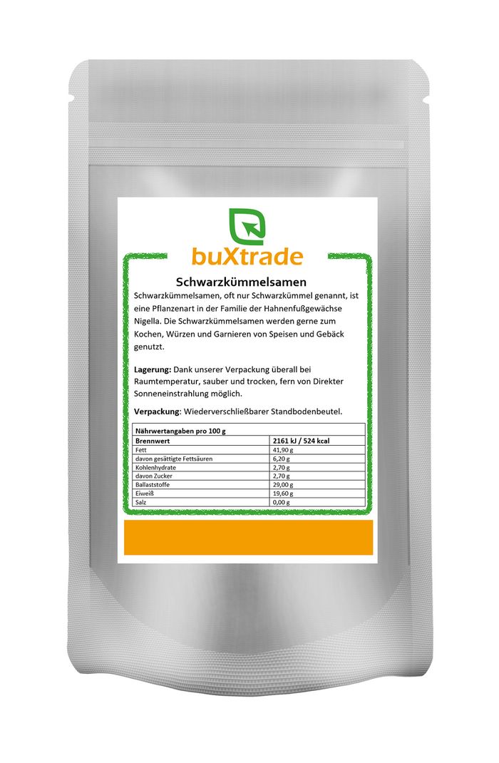 Beutel mit Schwarzkümmelsamen. Aufdruck mit Produktinformationen und Nährwertangaben. Marke buXtrade.