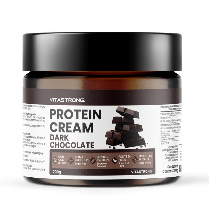 Verpackung der dunklen Schokoladen-Proteincreme. Aufschrift: Vitastrong Protein Cream Dark Chocolate. 200g. Mit Nährwertangaben und Barcode.