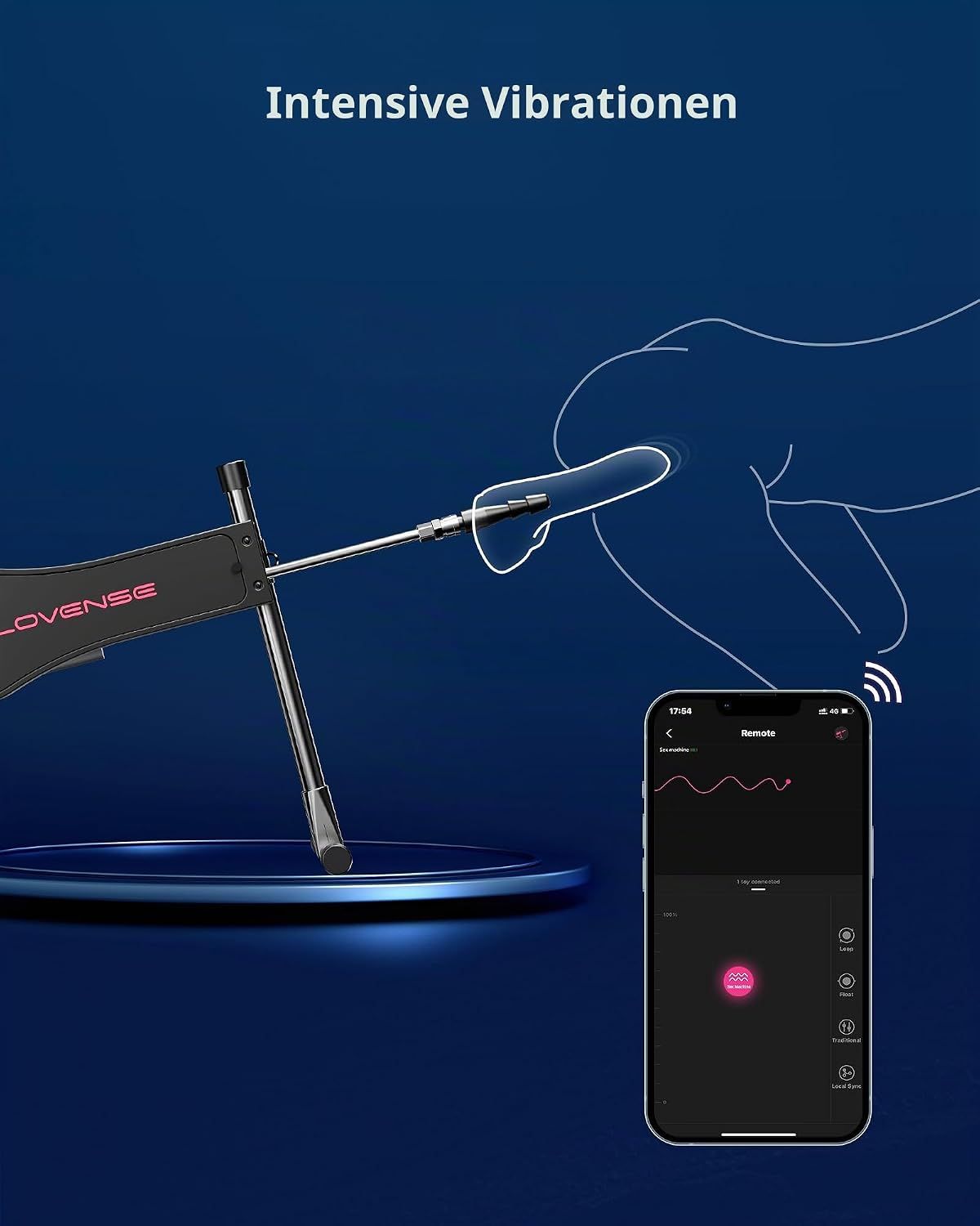 Lovense-Maschine mit Hand, die einen Aufsatz hält, und einem Smartphone mit Fernbedienungs-App.