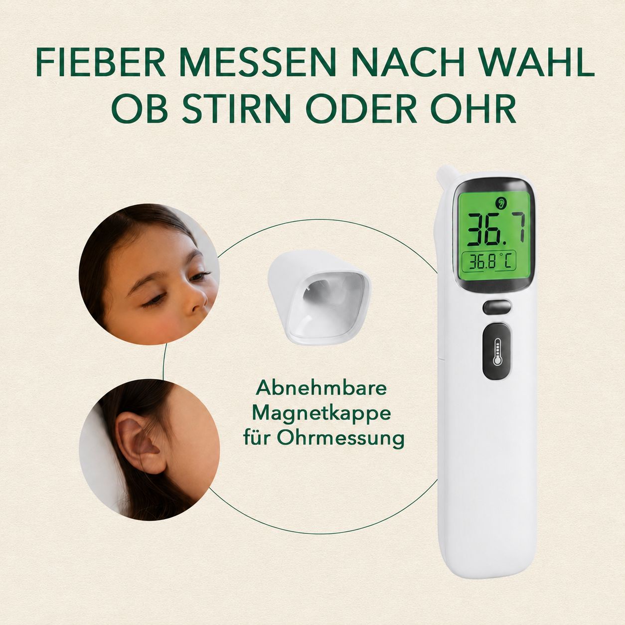 Digitales Fieberthermometer für Stirn- oder Ohrmessung mit abnehmbarer Kappe.
