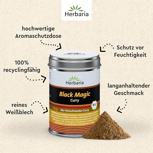 Herbaria Black Magic Curry in aromadichter Dose, 100% recycelbar, reines Weißblech.