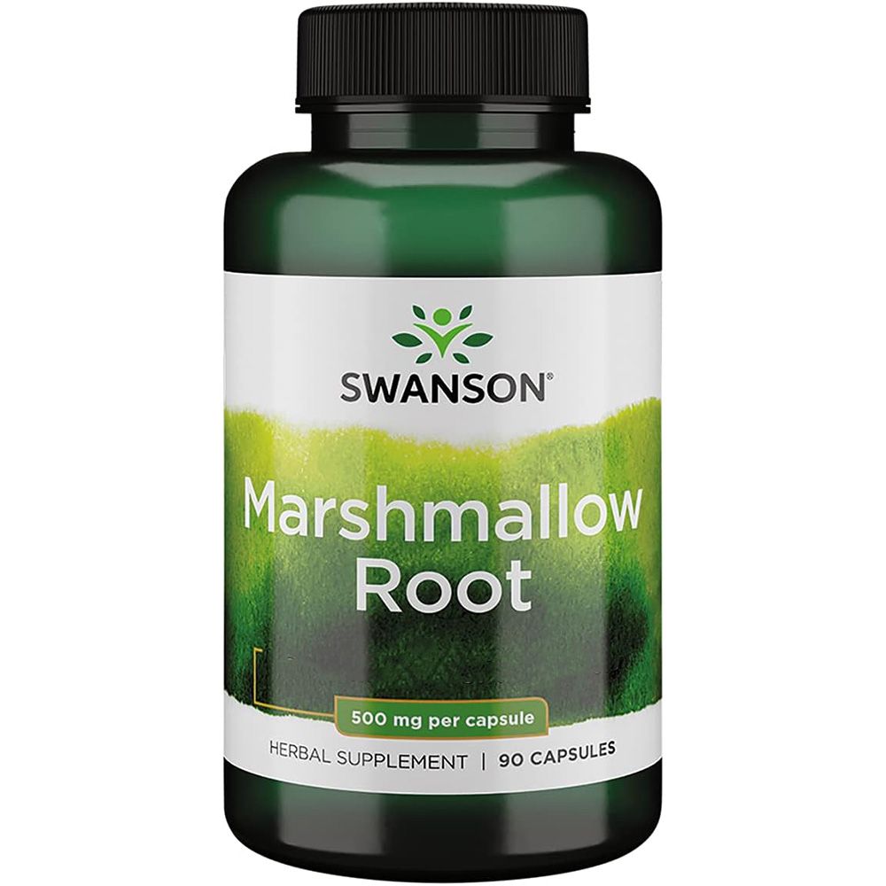 Grüne Flasche mit schwarzem Deckel. Aufschrift: SWANSON, Marshmallow Root, 500 mg pro Kapsel, 90 Kapseln.