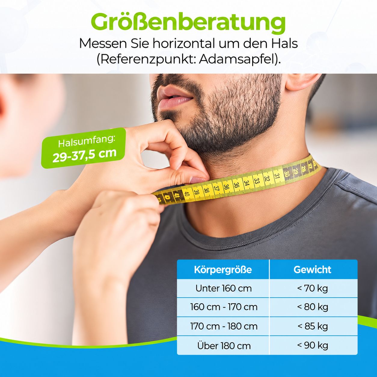 Messanleitung für Halsumfang zur Größenauswahl, mit Tabelle für Körpergröße und Gewicht.